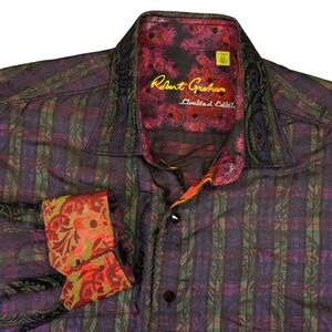 Robert Graham Limited Edition Mens XL Purple Silk Paisley Plaid Striped RARE